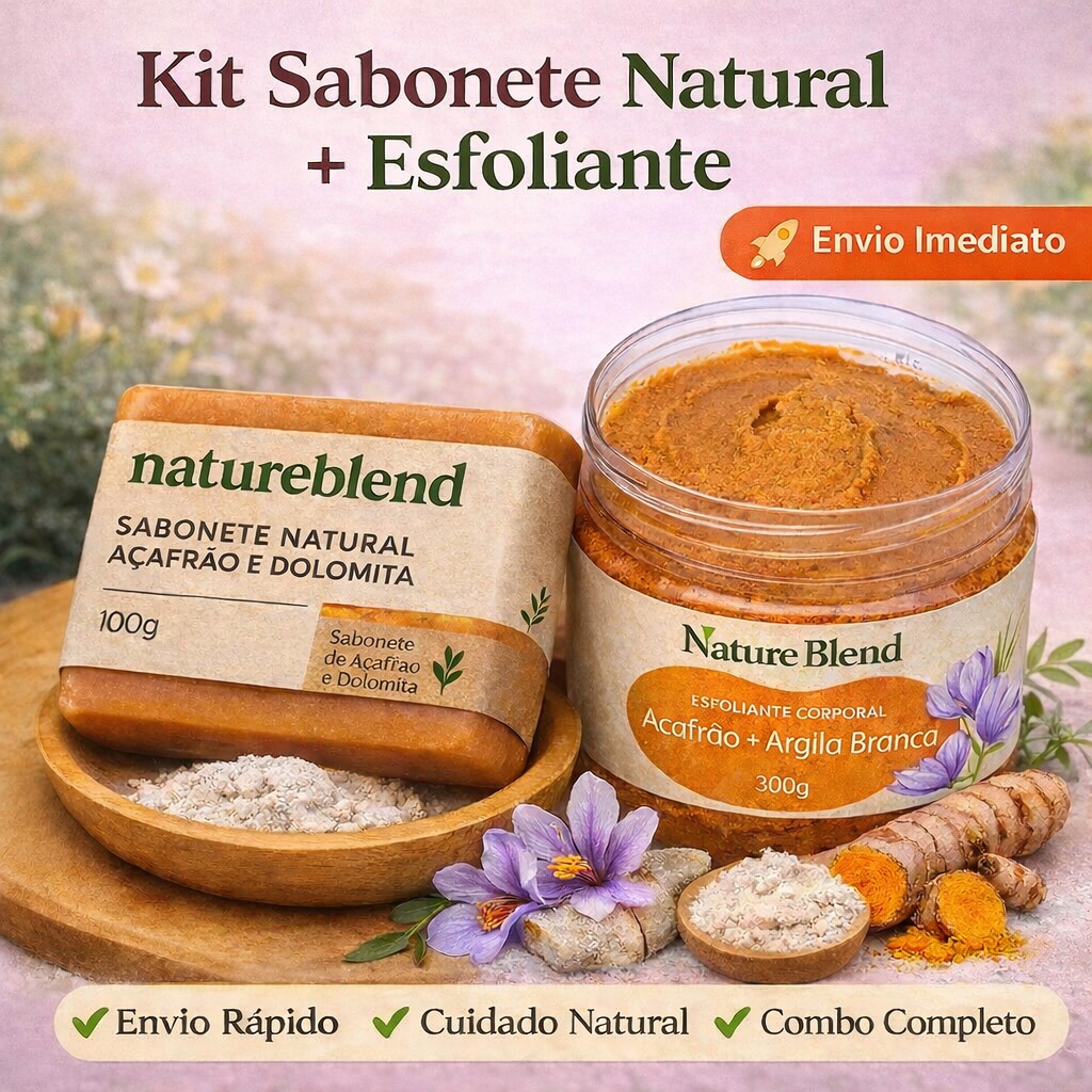 Sabonete Açafrão e Dolomita + Esfoliante Argila Branca Clareador Efeito Depilador Natural Progressivo