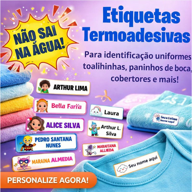 Kit até 100 Etiquetas Nome Aplique Identificação para Roupas Uniformes Meia Tipo de Tecido Dtf Textil Faça com Ferro