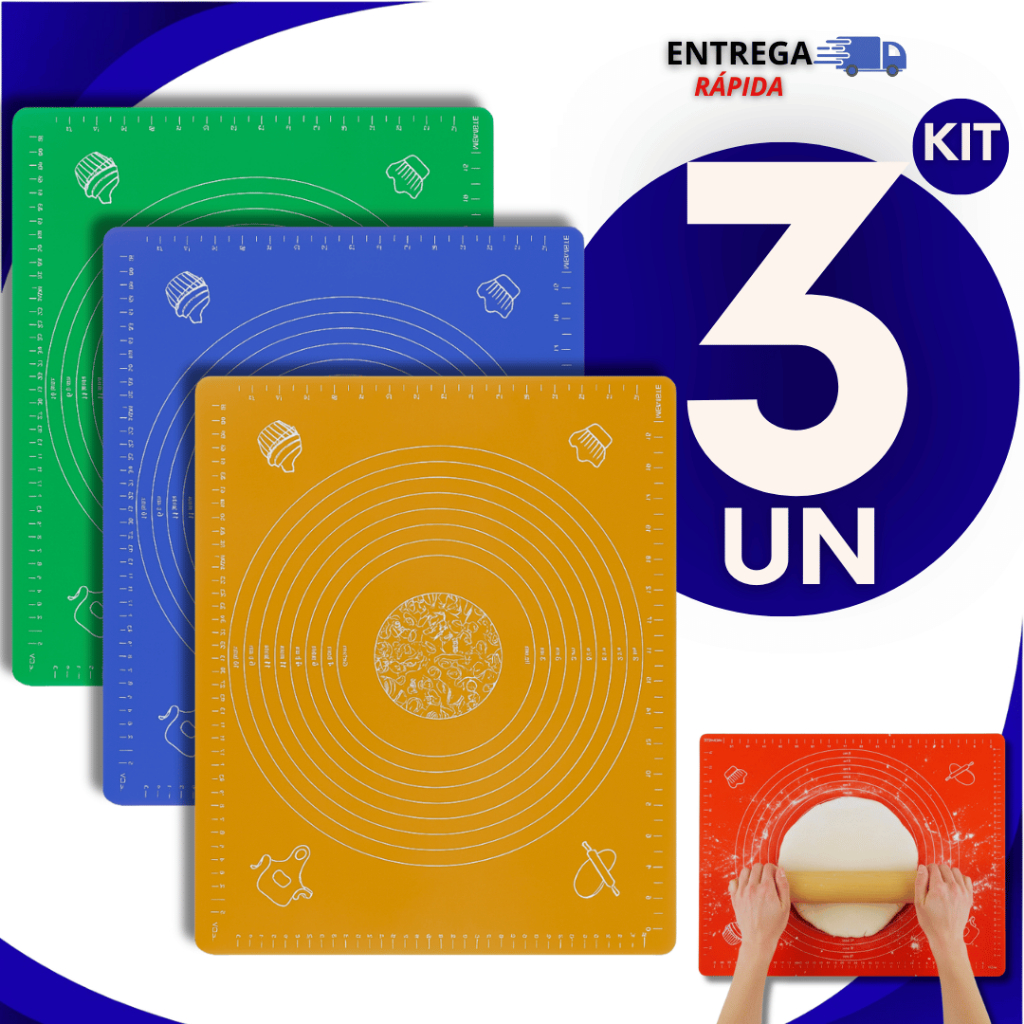 KIT 03 Tapete Culinário De Silicone Antiaderente 30X40CM Para Abrir Massas Bolos Premium Utilidades Cores Sortidas