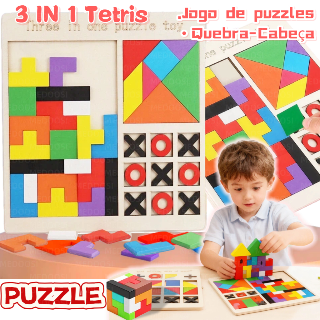 MEDOOSI 3 em 1 Tetris Brinquedo Quebra Cabeça de Madeira 3D Colorido/Jogo Tangram Montessori Educativo Infantil /Bebês