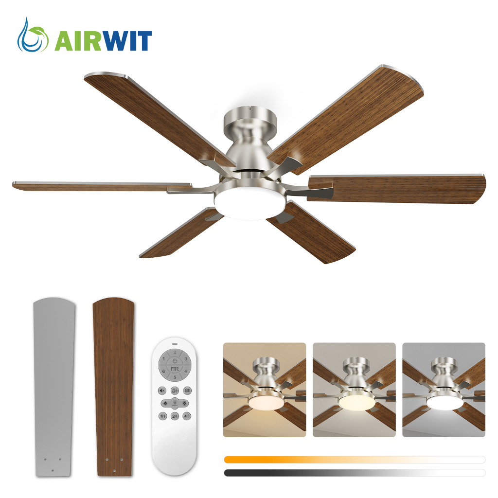 Ventilador de Teto 52" Luz LED 20W 3 Cores Controle Remoto 6 Pás Timer Econômico Silencioso Bivolt
