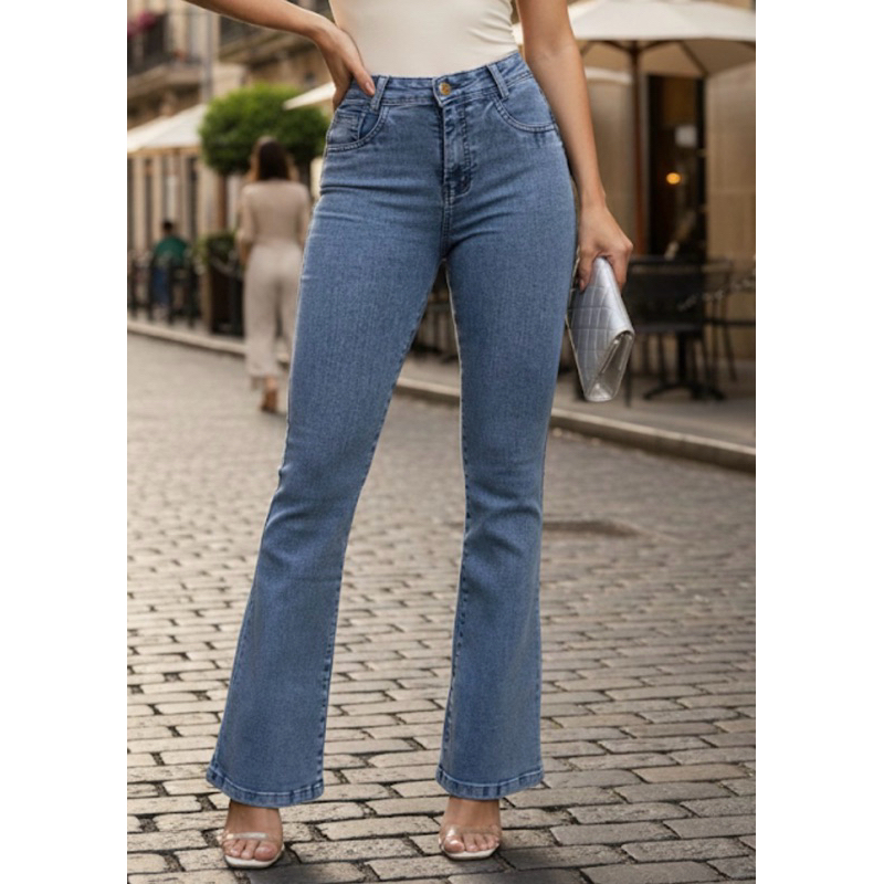 Calça Jeans Feminina Flare Cintura Alta Tecido Encorpado Confortável Modelo Levanta Bumbum
