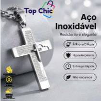 Colar Religioso Masculino com Cruz Pai Nosso em Aço Inoxidável em Oferta na Shopee
