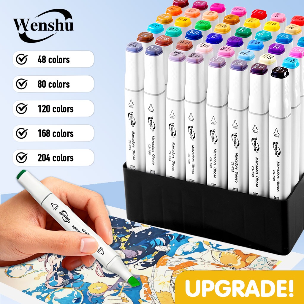 Wenshu Caneta Marcadora Touch Dupla Ponta Ecológicas Álcool para Arte e Desenho 48/80/120/168/204 peças em Oferta na Shopee