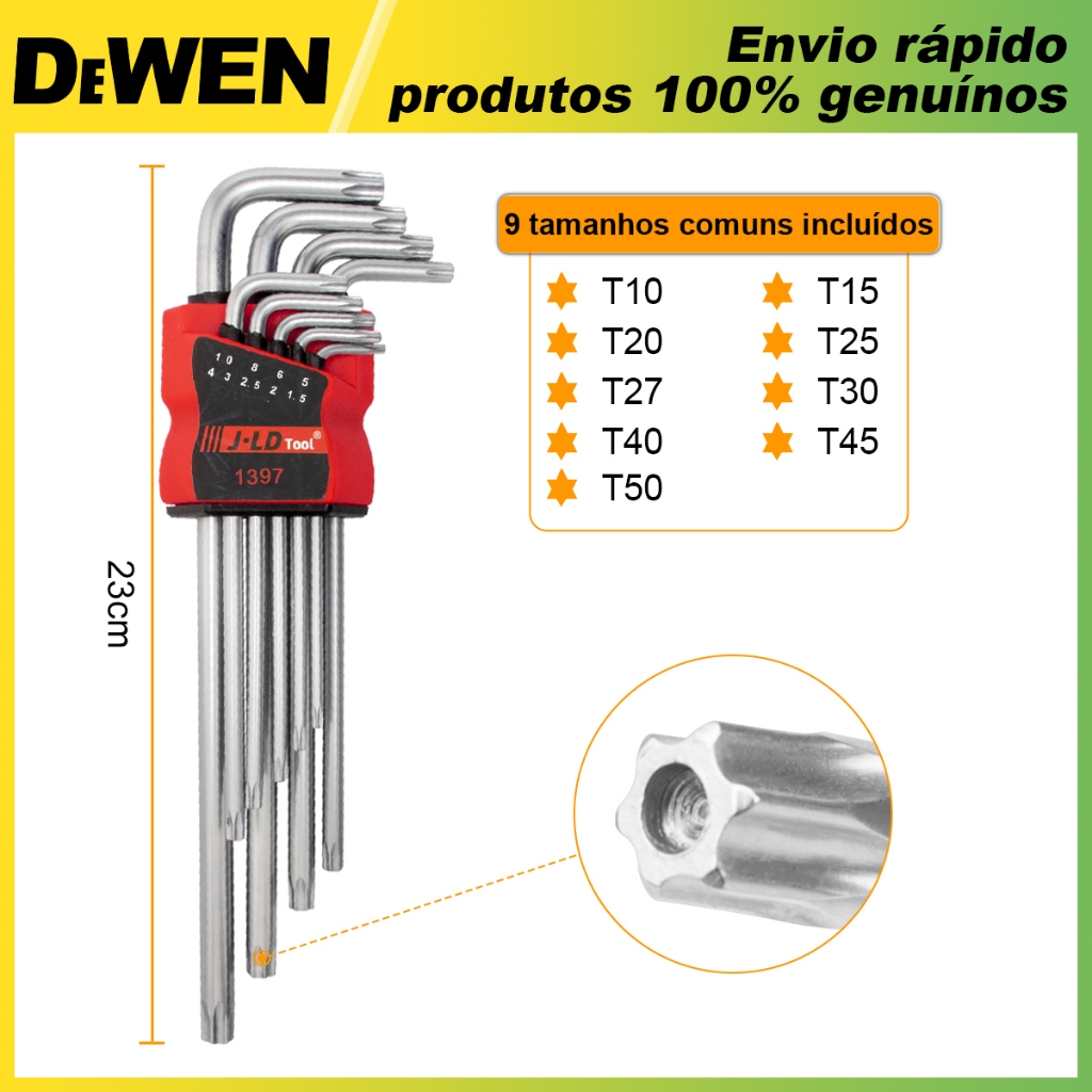 Jogo Chave Allen Grande Longa Torx 9 Peças Aço Cromo Vanadium T10 A T50