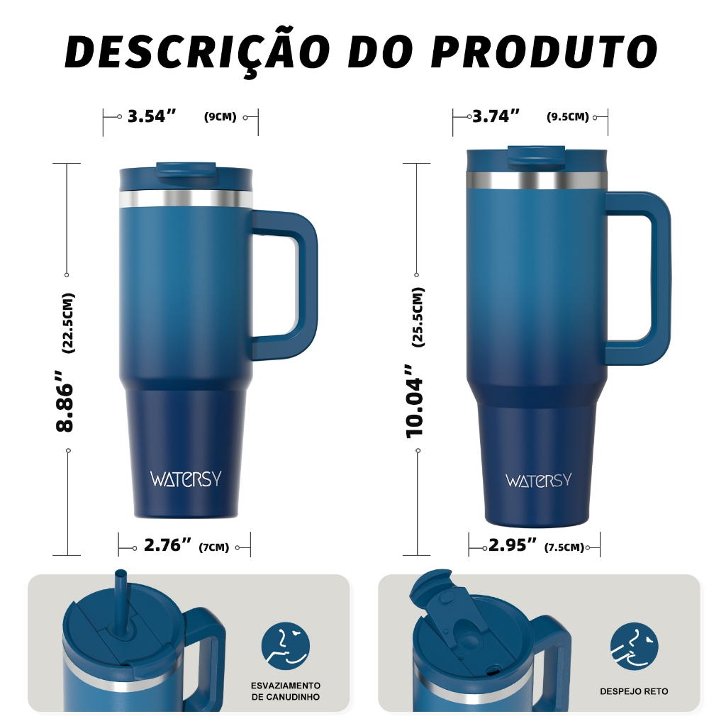 WATERSY Copo Térmico Inox 1182ml Garrafa Térmica Parede Dupla c Alça e Canudo Mantém Calor Frio · foto 2