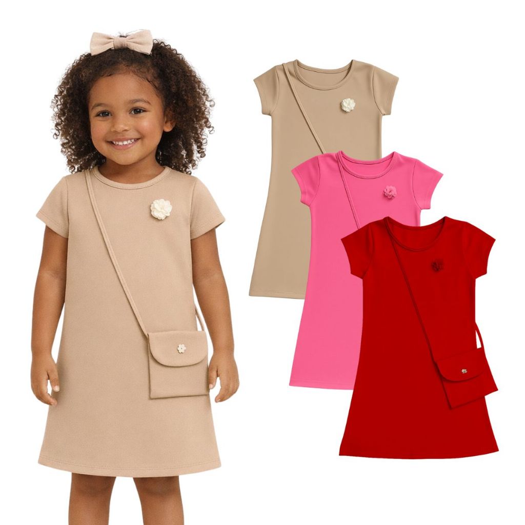 Kit 3 ou 1 Vestido Básico + Bolsa Infantil Menina Algodão Cotton Blogueirinha Manga Curta em Oferta na Shopee