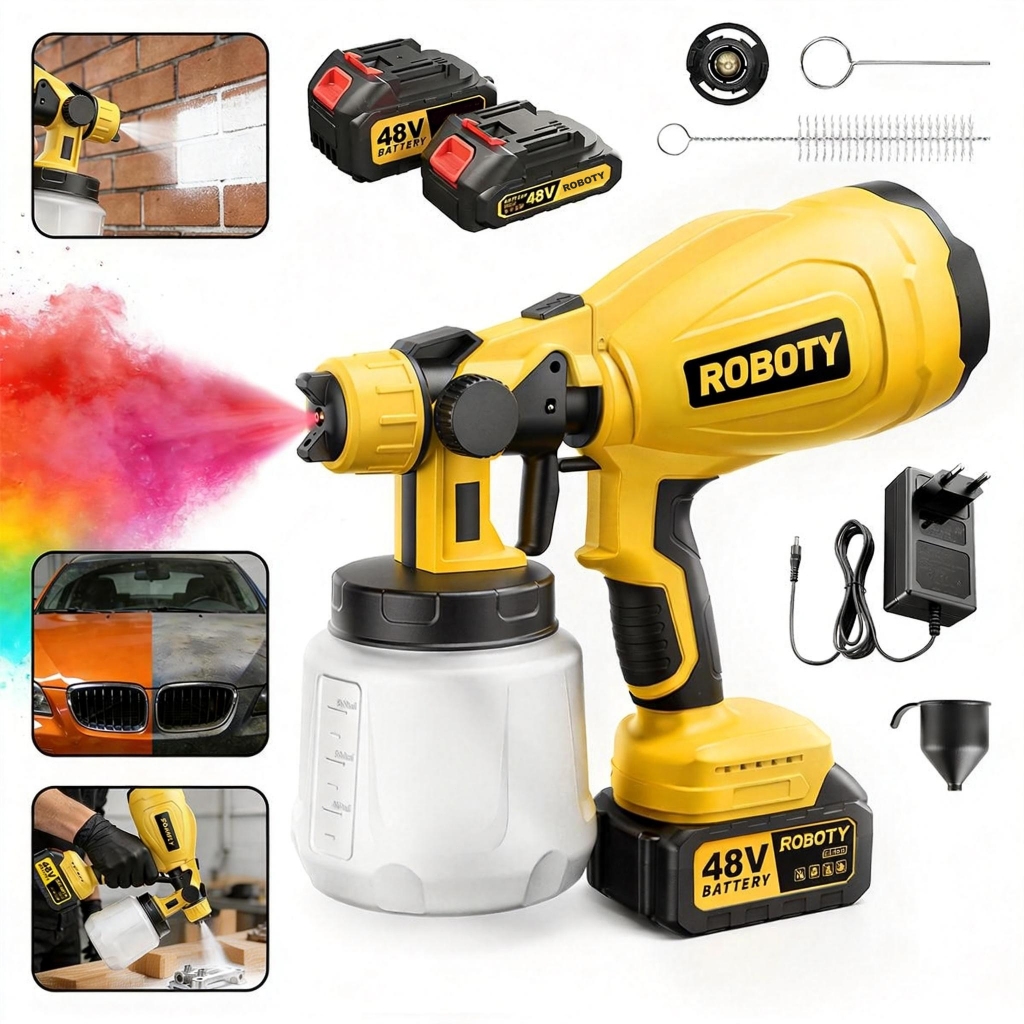 Pistola de Pintura 48V com 2 Baterias - Pulverizador Portátil 1300ml, Bateria de Longa Duração para Uso Profissional