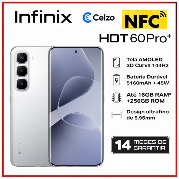 Smartphone Infinix Hot 60 Pro+ NFC 4G Tela 6.78'' 8GB+256GB, Prata Titânio em Oferta na Shopee