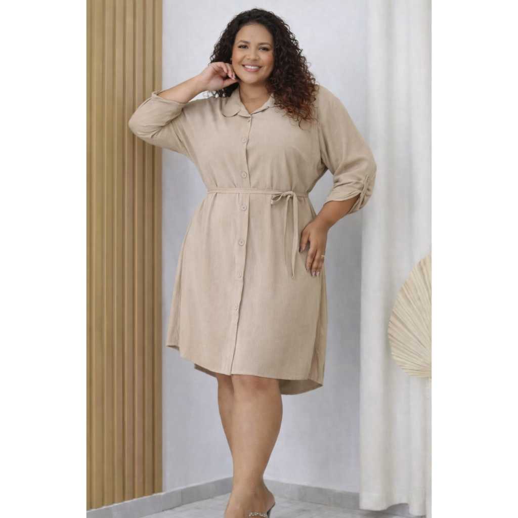 Vestido Chamise Plus Size Feminina Manga 3/4 Ajustável com Botões