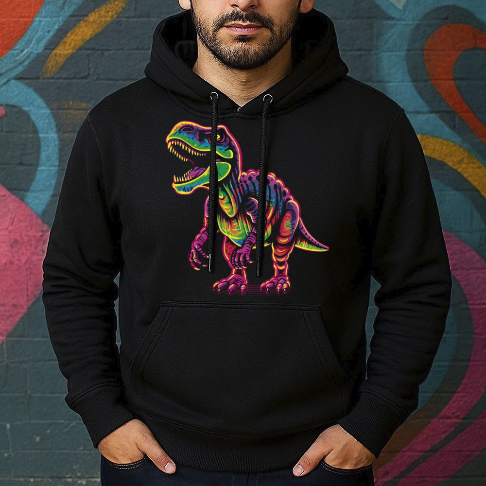 Blusa de Moletom Estampada Dinossauro Colorido Canguru Masculina Confortável Do Tamanho P ao GG