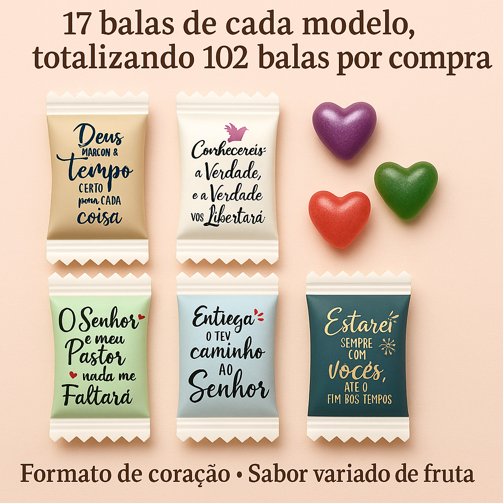 Bala Coração Frutas com Frases 6 Modelos Sortidos | Lembrancinha Romântica Igreja, Cristão, Deus