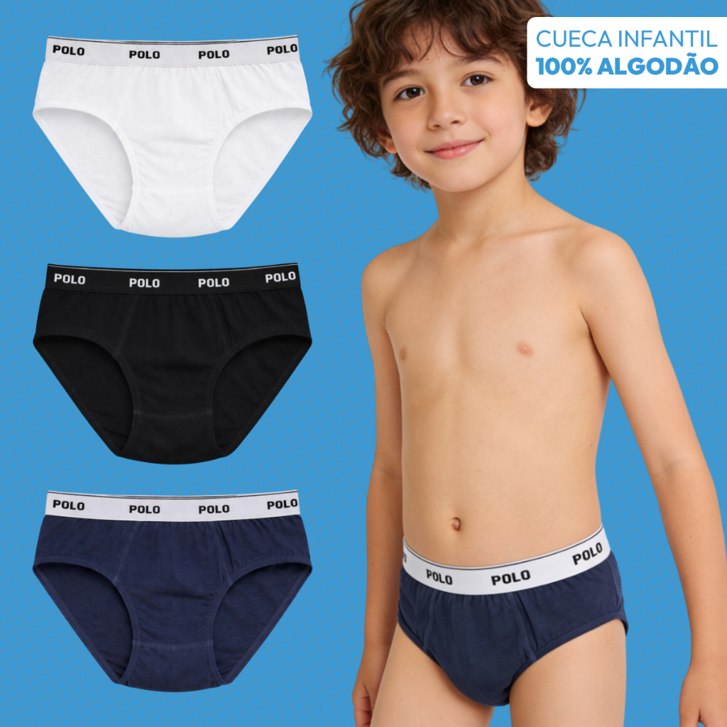 Kit 3 Cuecas Slip Polo Cotton Infantil 100% Algodão Forro Duplo Tradicional em Oferta na Shopee