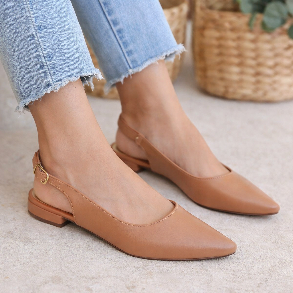 Sapatilha Feminina Slingback Bico Fino Salomé Social Rasteira Confórtável Salto Baixo 0,2 Centímetro