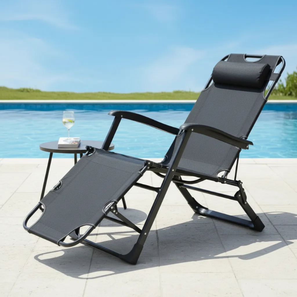 Cadeira Espreguiçadeira Reclinável com Travesseiro Apoio de Braço Suporta até 120kg Praia Piscina Jardim