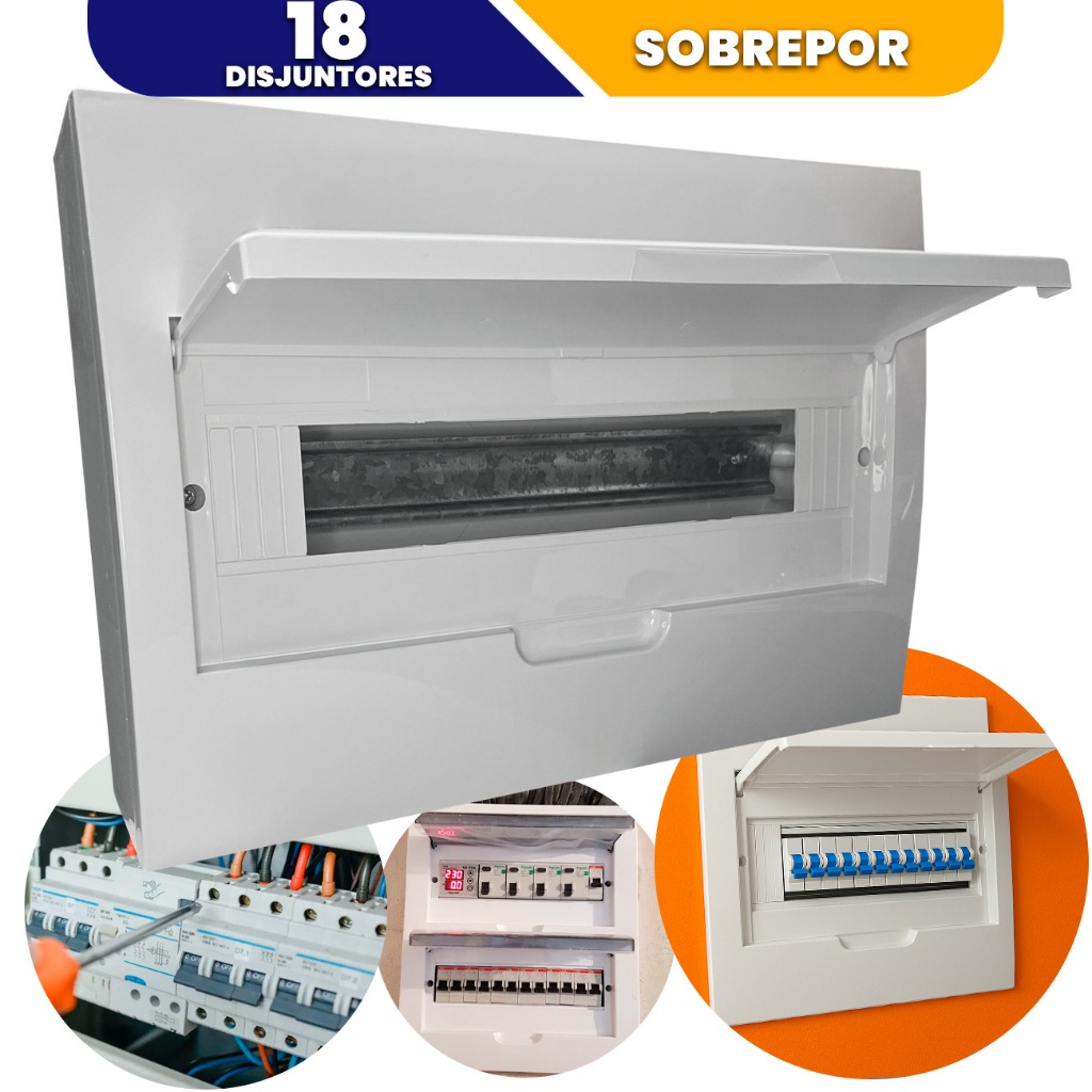 Quadro Caixa de Distribuição 18 Disjuntor Interruptor 18 Polos Din Sobrepor Acompanha Trilho din PVC