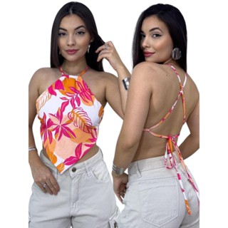 Blusa Feminina Lenço Cropped Frente Unica com Amarração Nas Costas Liso e Estampado em Oferta na Shopee