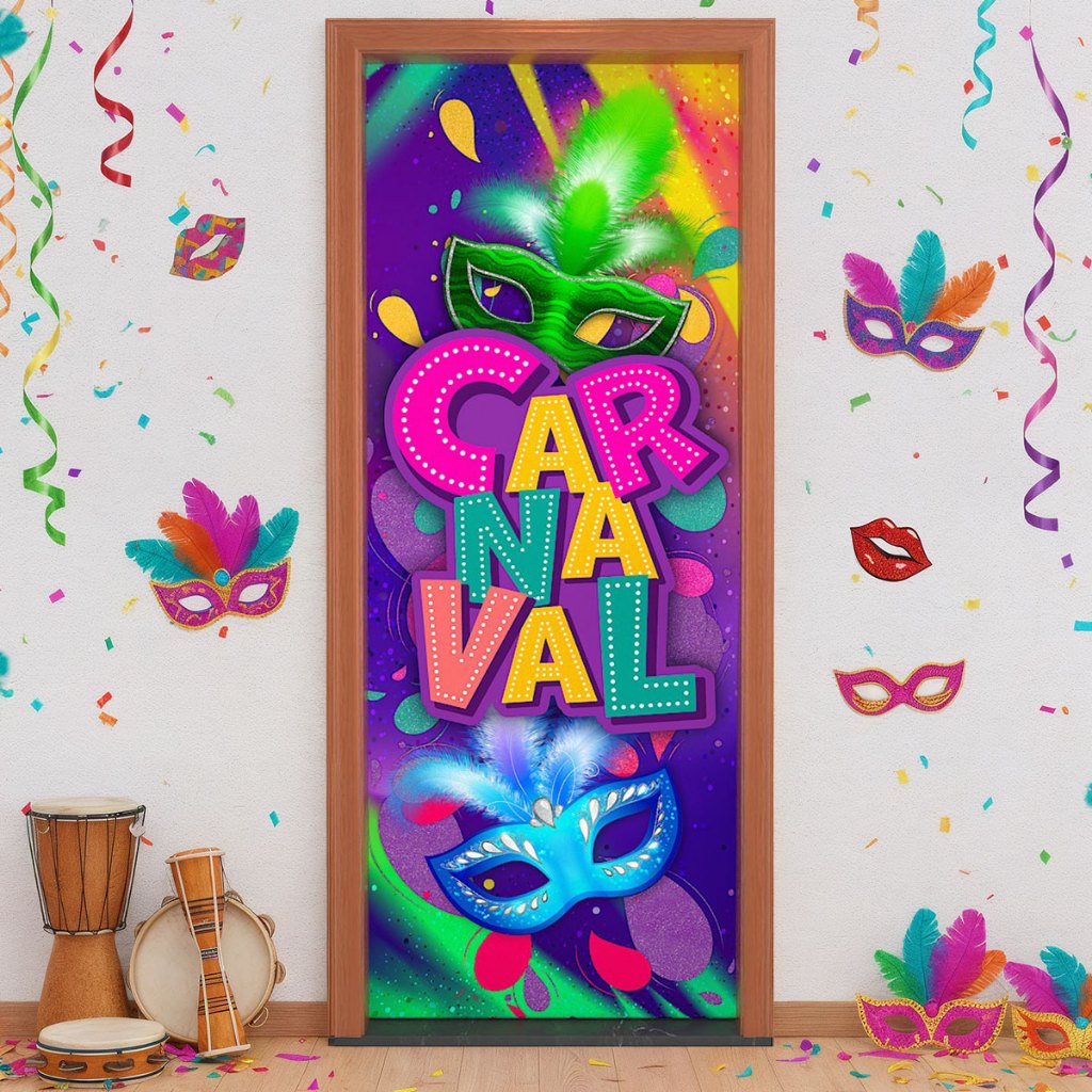Capa de Porta Festa Carnaval Máscaras Retangular Decorativa Em Tecido 0,85x2,10m - ANV-2918 em Oferta na Shopee