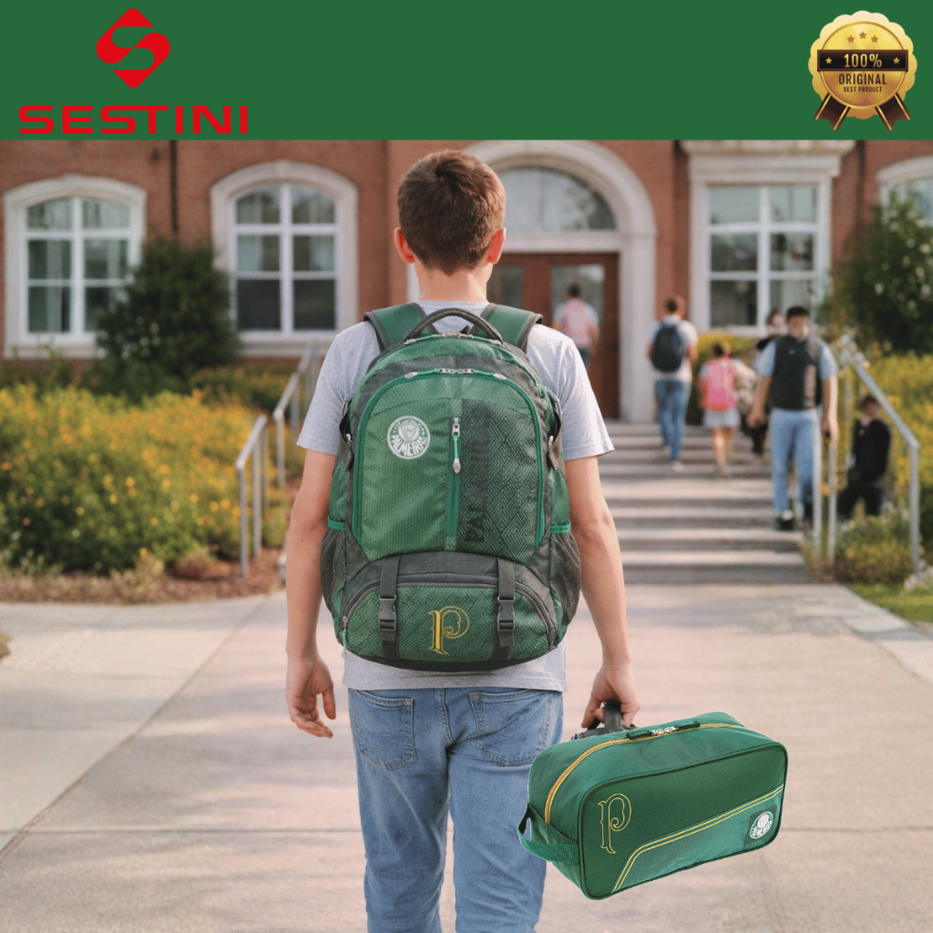 Kit de Mochila de Costas Esportiva Escolar Urbano Reforçada Casual Palmeiras Verdão Sestini Original