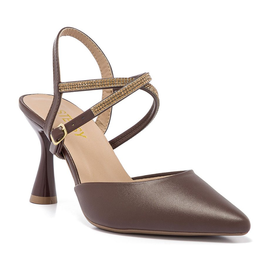 Scarpin Sapato Feminino Social Com Tira Strass Brilho Salto Fino Alto Luxo Conforto Elegante Marrom em Oferta na Shopee