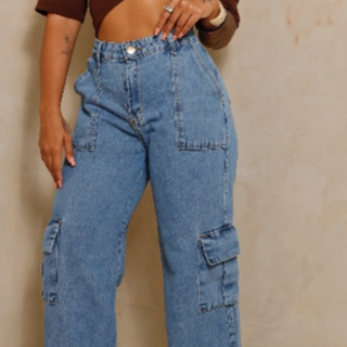 Calça Jeans Cargo Wide Feminina Moda Street Tecido Premium Bolso Lavagem Clara em Oferta na Shopee