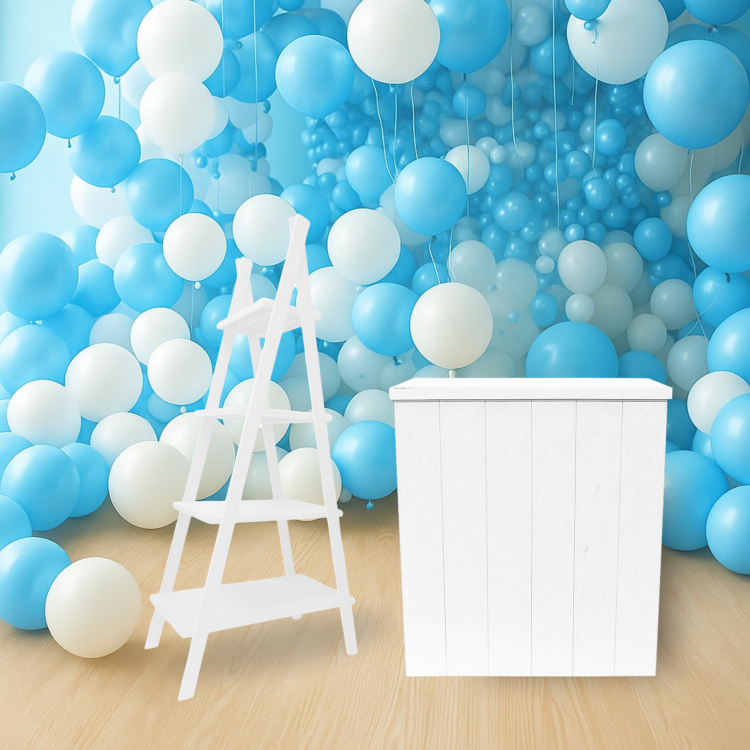 Mesa para Festa com Cômoda Fake Ripada e Escada Docinhos MDF 4 Andares Desmontável