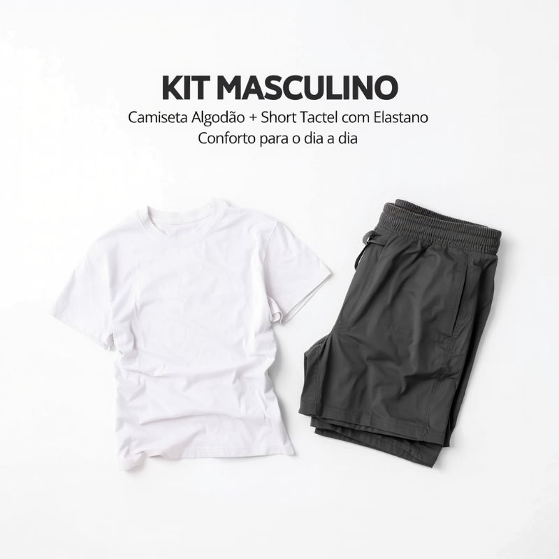 Kit Camiseta Algodão + Short Tactel com Elastano Confortável Academia Corrida Verão Praia Dia a Dia