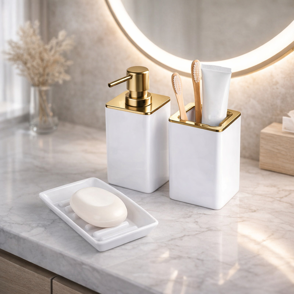 Kit Banheiro Porta Escova Porta Sabonete Liquido Saboneteira Arthi Luxo Branco E Dourado Fosco Arthi