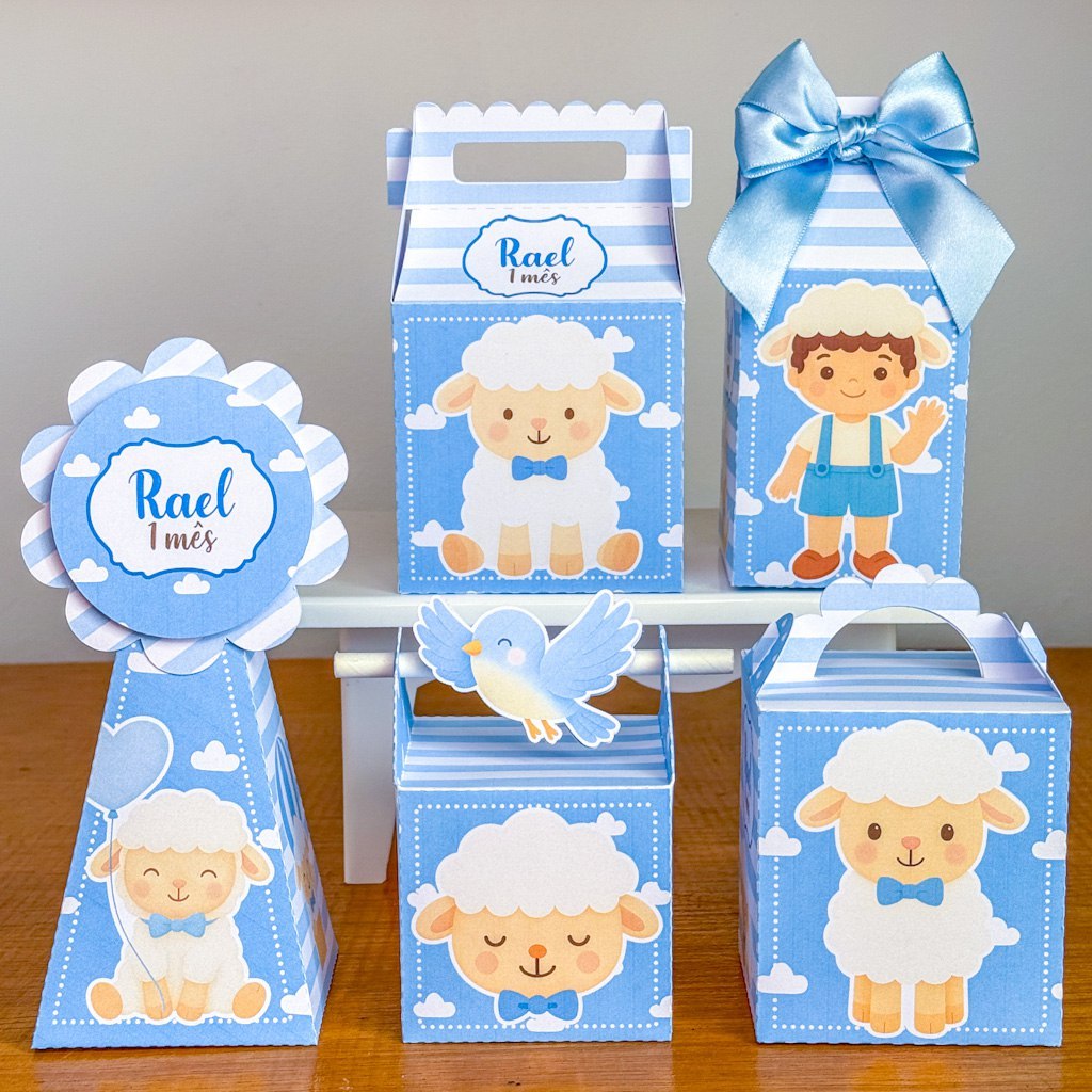 Kit Caixinhas Personalizadas Festa Infantil – Lembrancinhas Prontas – Papelaria Personalizada – Ovelhinha Menino
