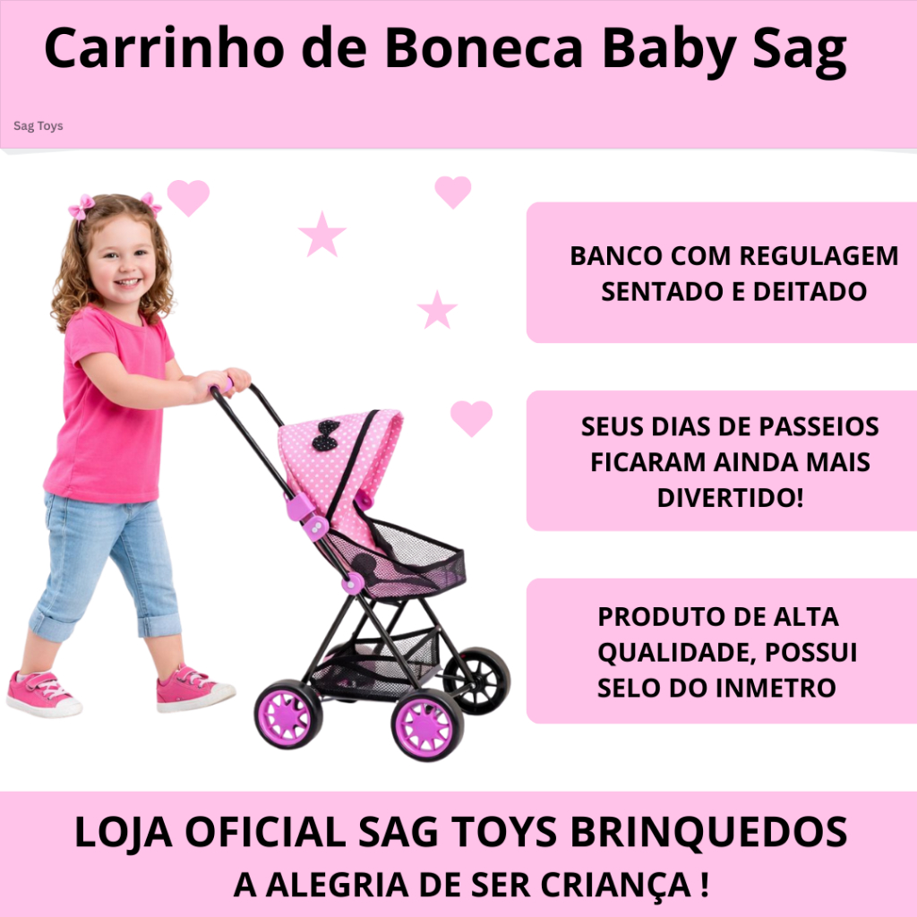 Carrinho de Boneca Baby Sag Infantil Rosa Coração Novidade Menina Reborn. em Oferta na Shopee