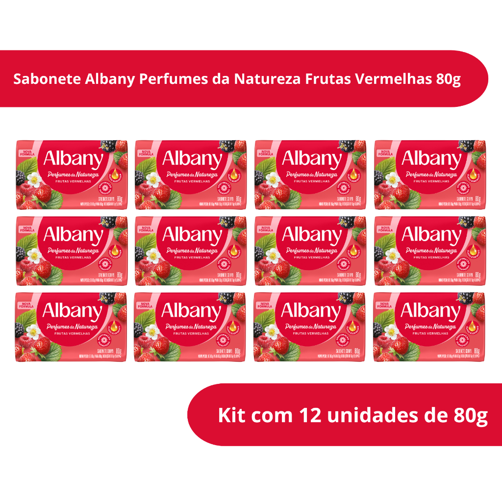 Kit com 12 Sabonete em Barra Albany Perfumes da Natureza Frutas Vermelhas 80g