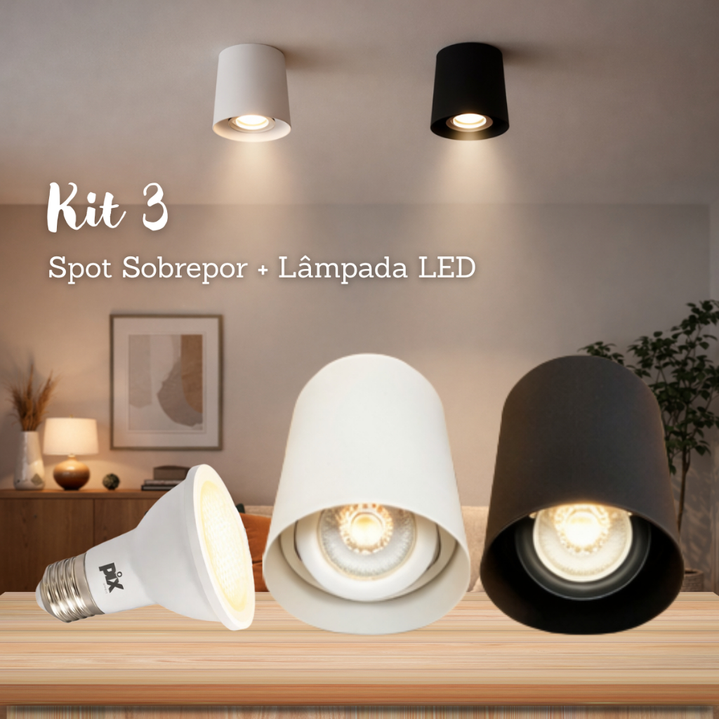 Kit 3 Spot Fenix Par20 Redondo + Lâmpada LED Par20 7W E27 Pix