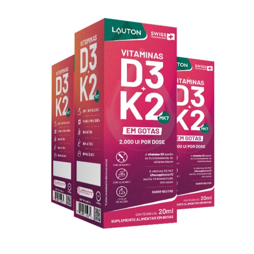 Kit 3x Vitaminas D3 + K2 (MK-7) em gotas 2000UI (20ml) - Lauton
