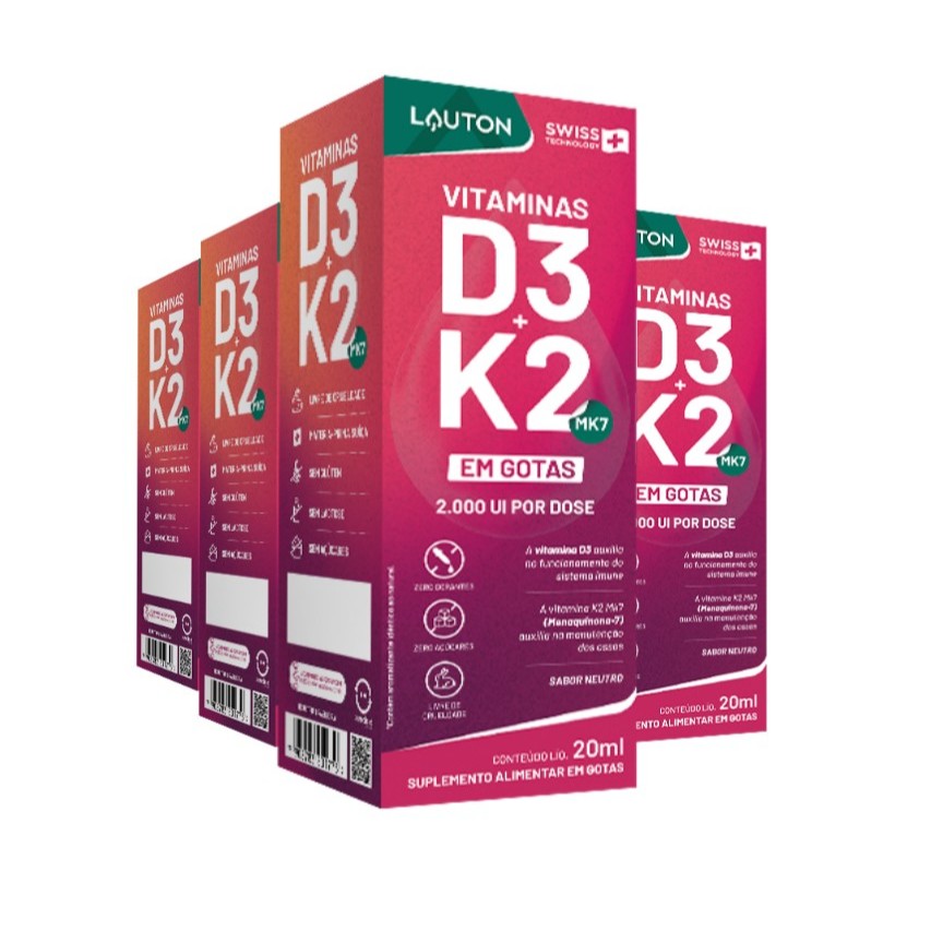 Kit 4x Vitaminas D3 + K2 (MK-7) em gotas 2000UI (20ml) - Lauton