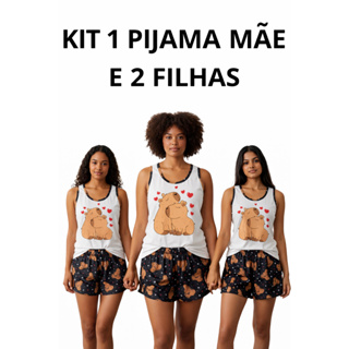 Kit 1 Mãe e 2 Filhas Baby doll estampado regata tal mãe tal filha capivara verão malha short doll camiseta personagens em Oferta na Shopee