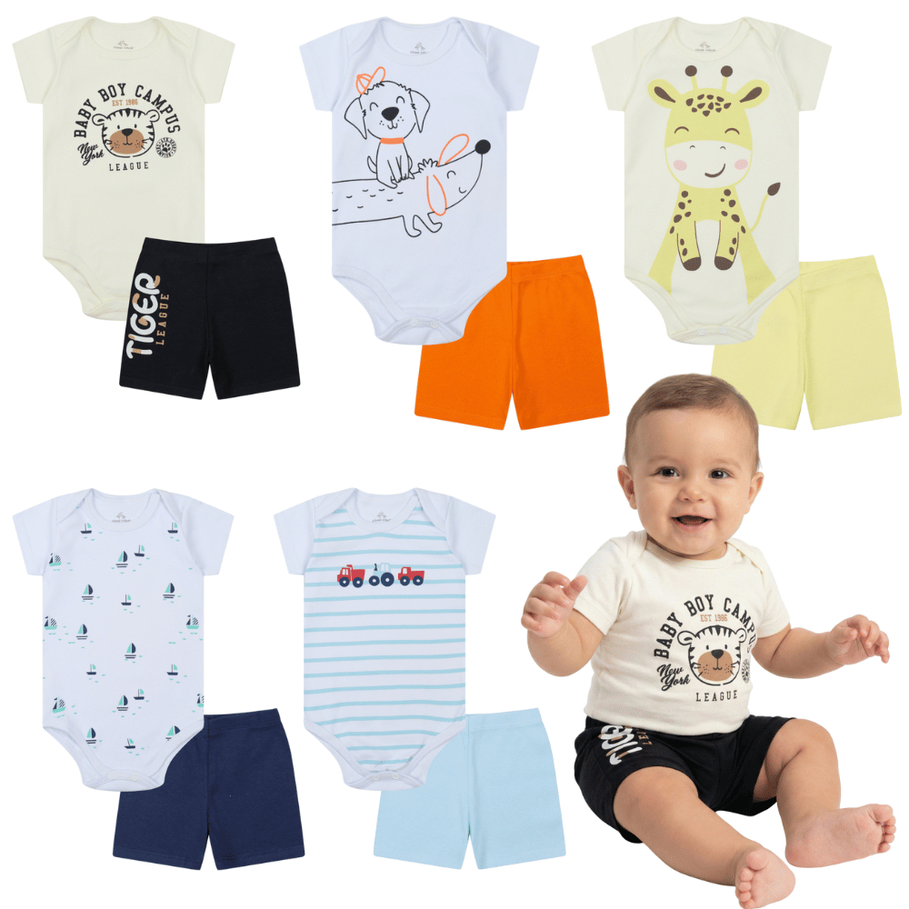 Kit 6 Peças Roupa de Bebê Menino 100% Algodão 3 Body Manga Curta + 3 Shorts Nenem Verão RN ao GG