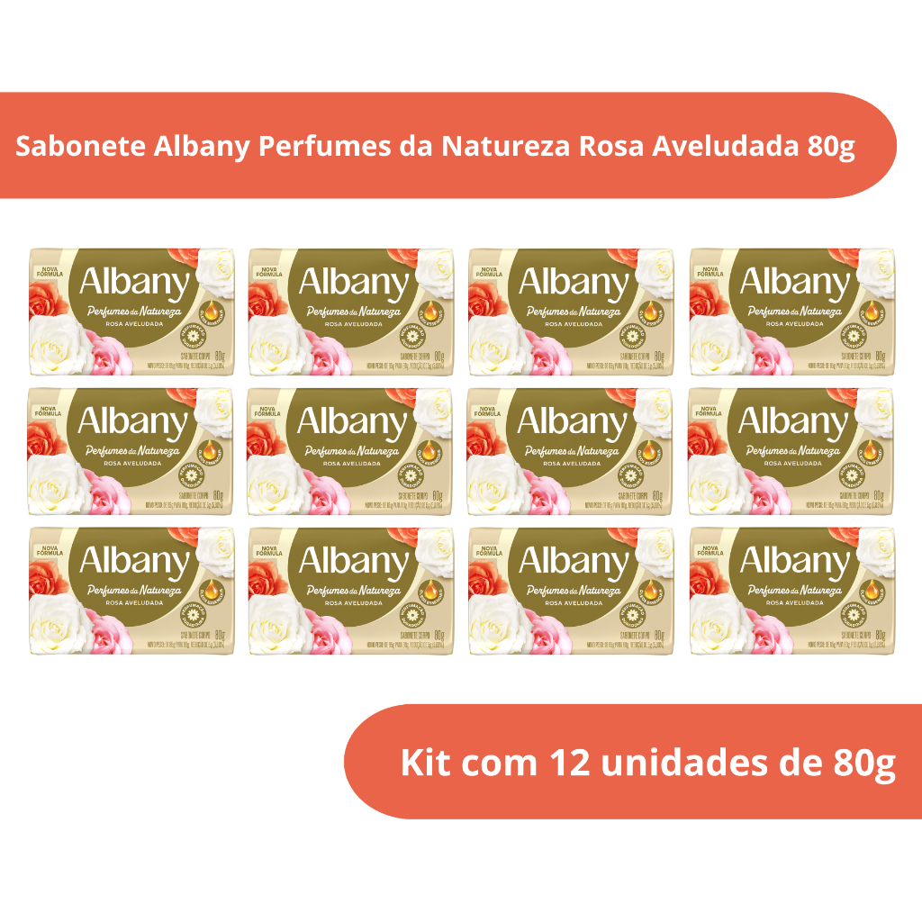 Kit com 12 Sabonete em Barra Albany Perfumes da Natureza Rosa Aveludada 80g
