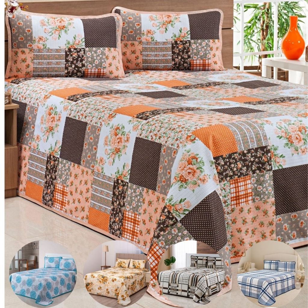 Colcha Cobre Leito Casal Padrão Piquet Estampado 3 Peças