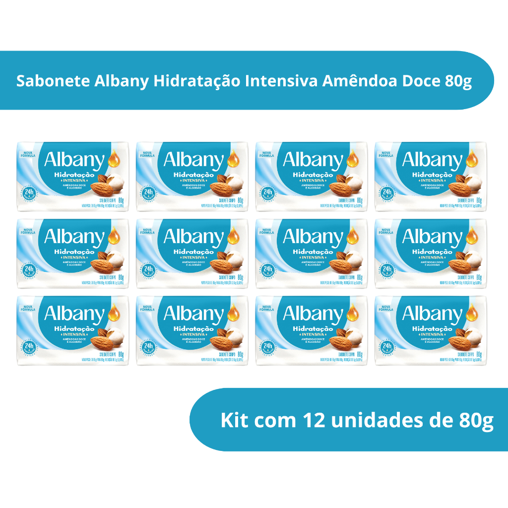 Kit com 12 Sabonete em Barra Albany Hidratação Intensiva Amêndoas Doce e Algodão 80g