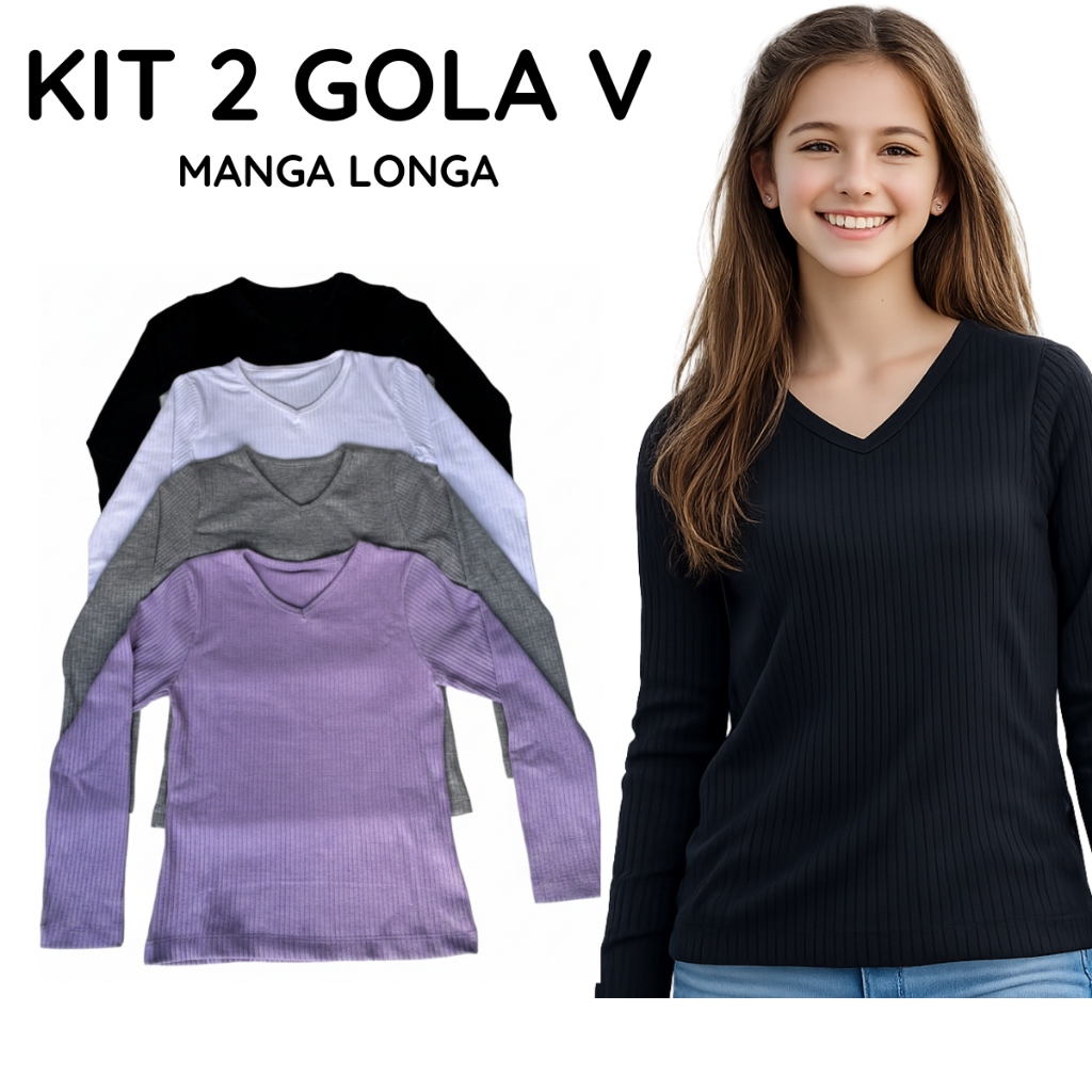 kit 2 blusa  básica gola V  infantil FEMININA canelada manga LONGA moda inverno para meninas em Oferta na Shopee