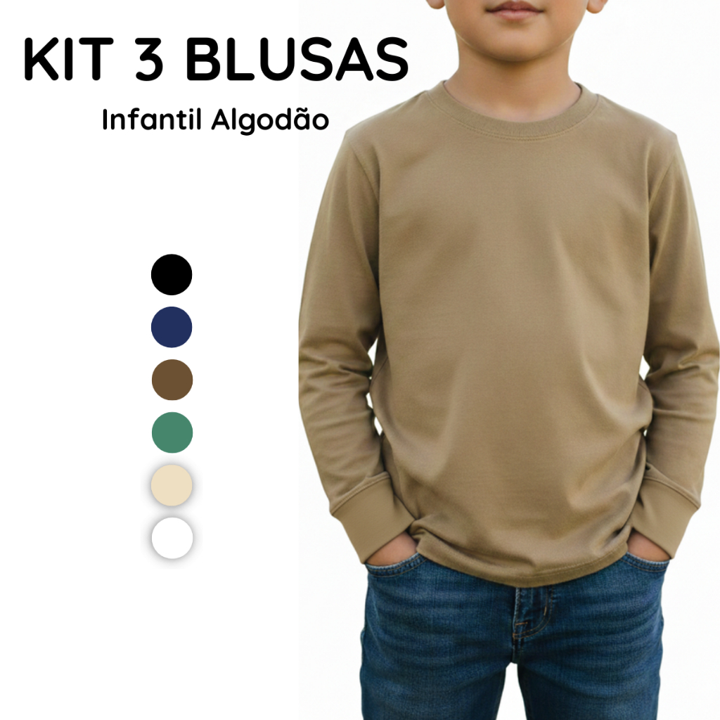 kit 3 camisa básica infantil Masculina manga LONGA em Oferta na Shopee