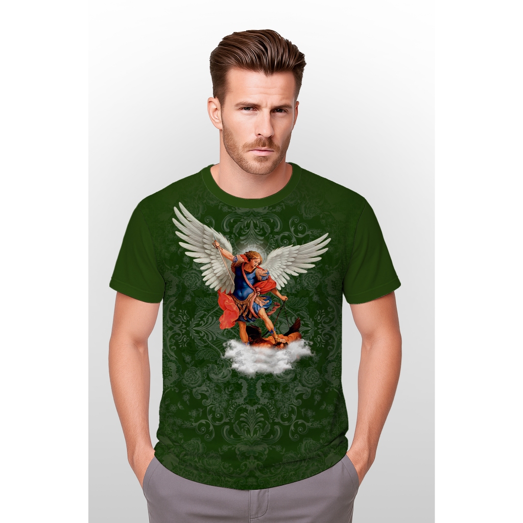 Camiseta São Miguel Arcanjo Verde Militar Cristã Unissex Premium Sublimada
