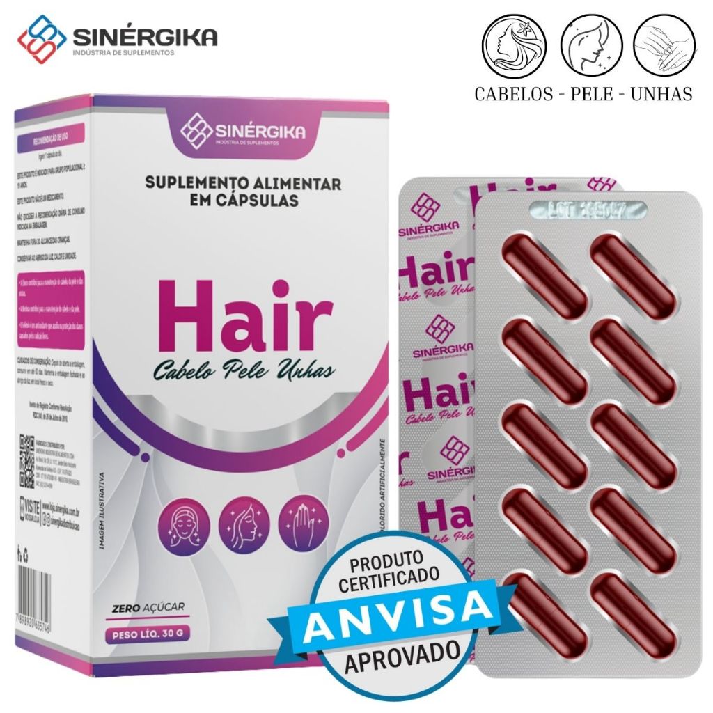 Suplemento Hair Cabelo Pele Unhas com Biotina Vitaminas e Zinco Crescimento e Fortalecimento Capilar 60 Cápsulas