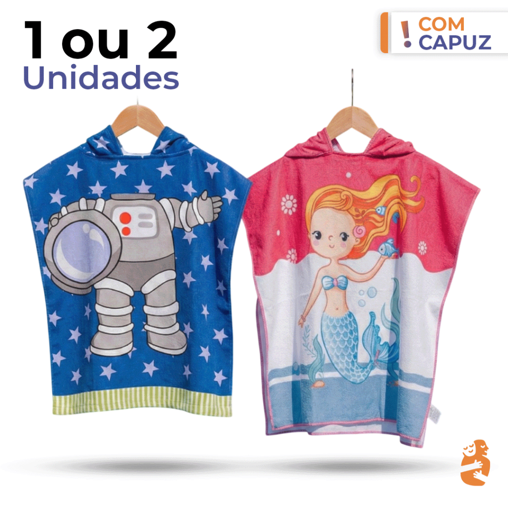 Toalha Roupão Infantil para Piscina Praia com Capuz | Poncho Menino Menina | Estampado Sereia Tubarão Pirata Unicórnio