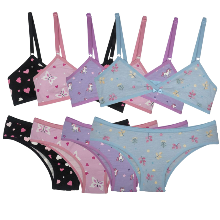 kit 5 Conjuntos Sutiã e Calcinha Juvenil Lingerie Menina Moça Infantil Roupa de Menina Intima fecho nas costa sutiã