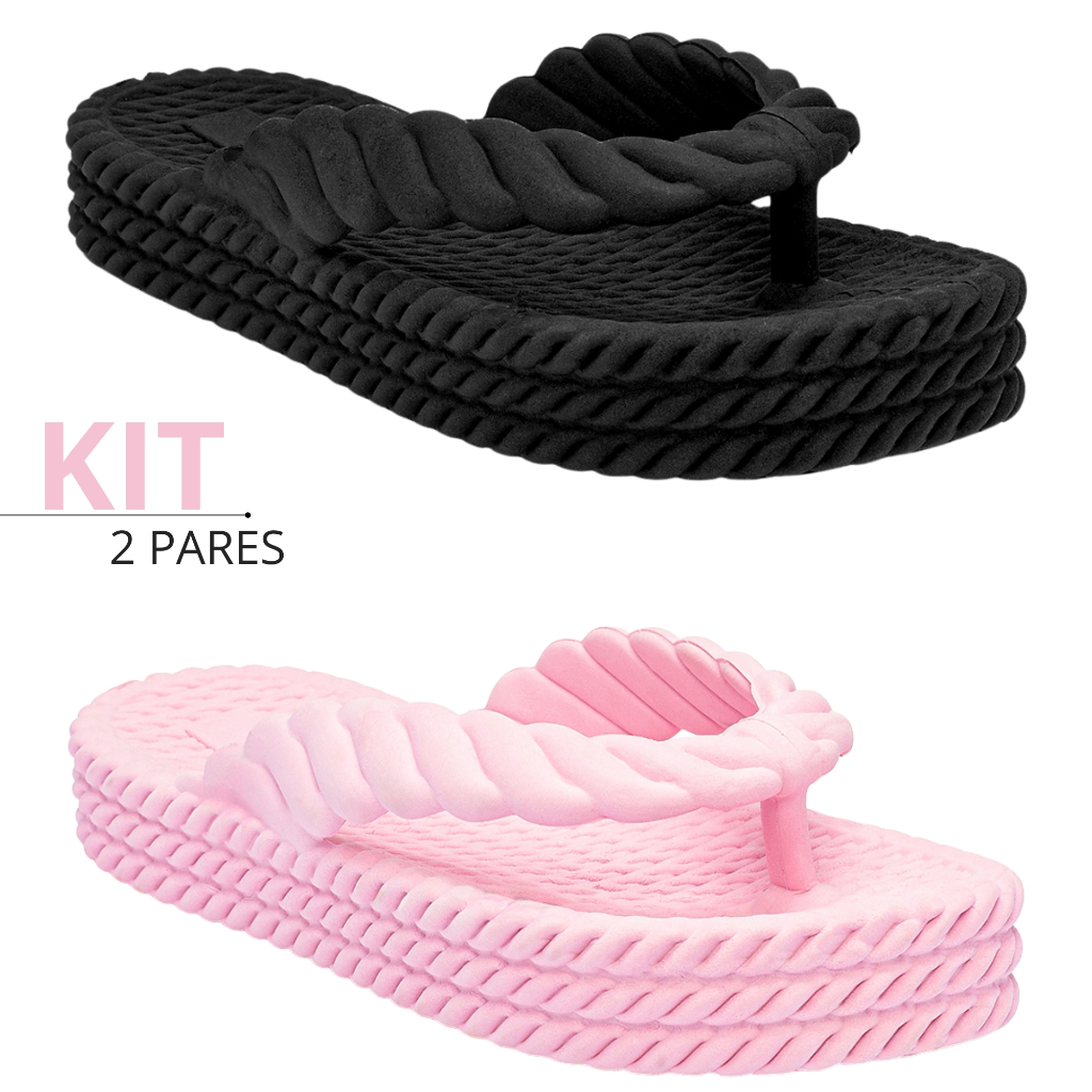 Kit Chinelo Tamanco Feminino Ortopédico 3 Tranças Plataforma Nuvem