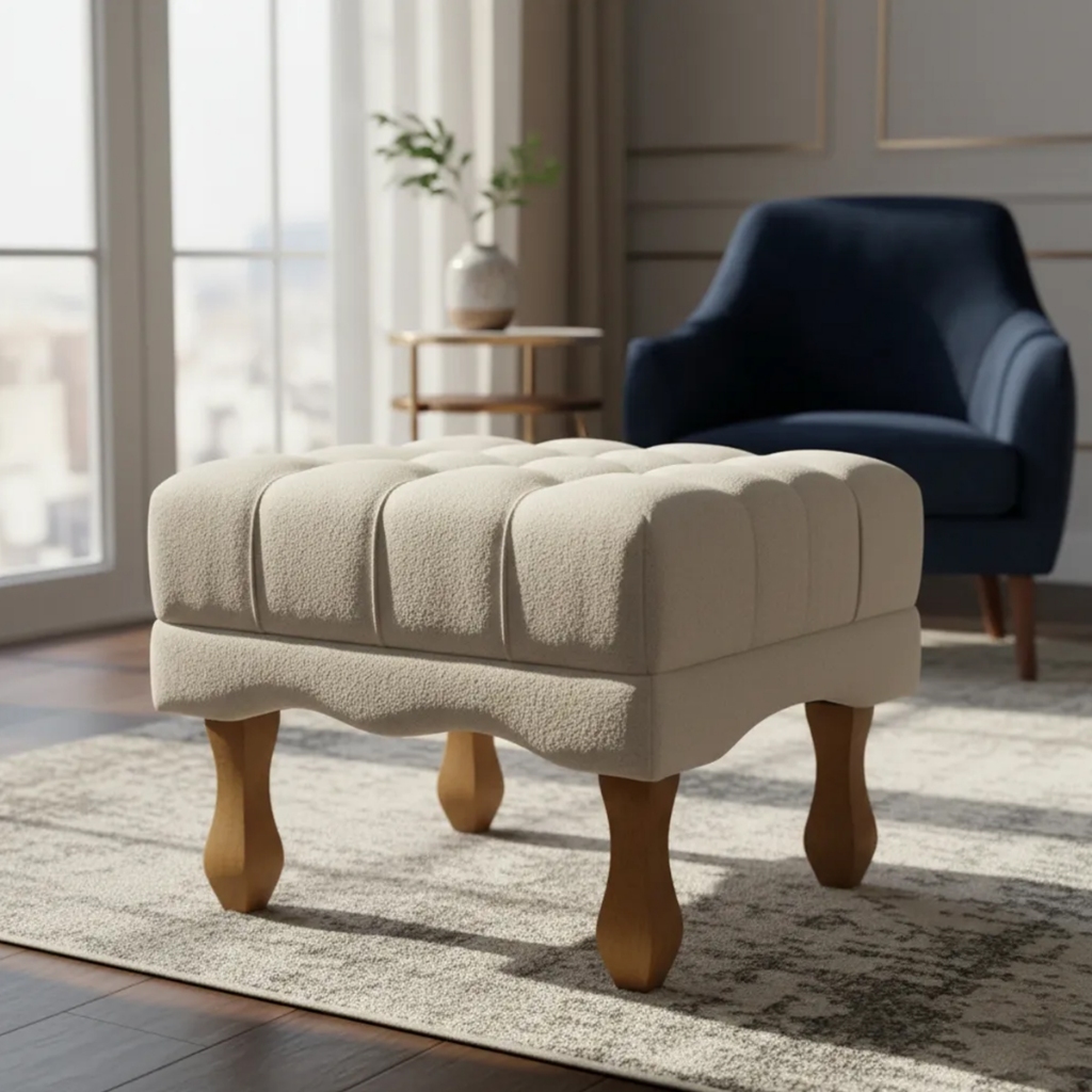 Puff Duque Bouclé Premium De Luxo Capitone Assento Elegante Para Sala Quarto Closet Penteadeira Decoração Pés Luiz XV