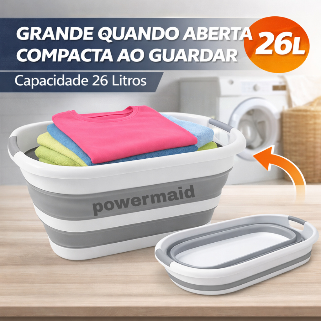 Bacia Cesto Dobrável Retrátil De Silicone 26l Powermaid Cinza
