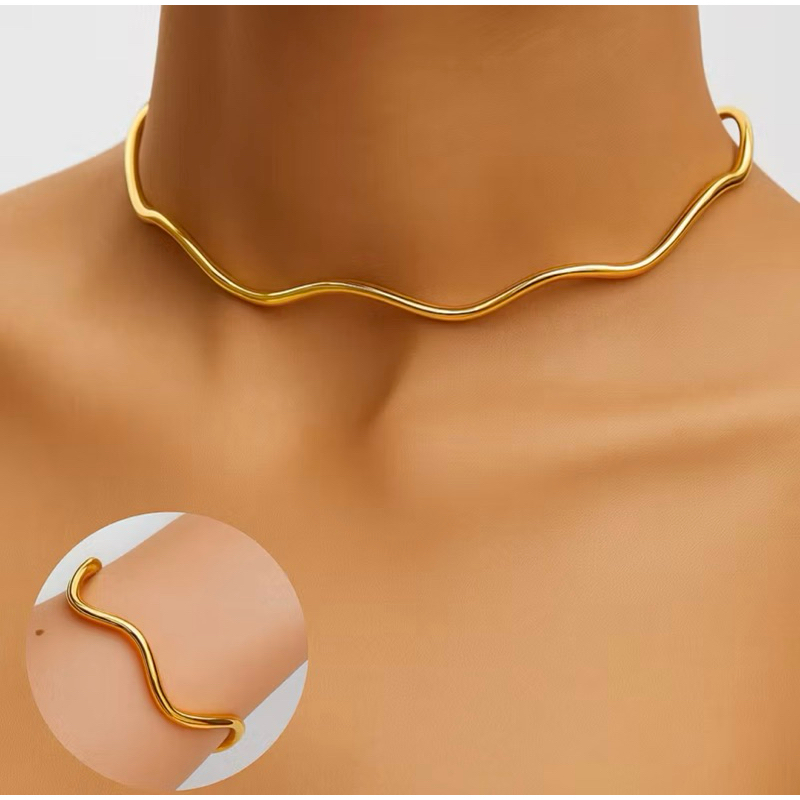 Choker e Pulseira Aro Ondulado - Folheado Dourado ou Prata - Feminino Ajustável e Antialérgico