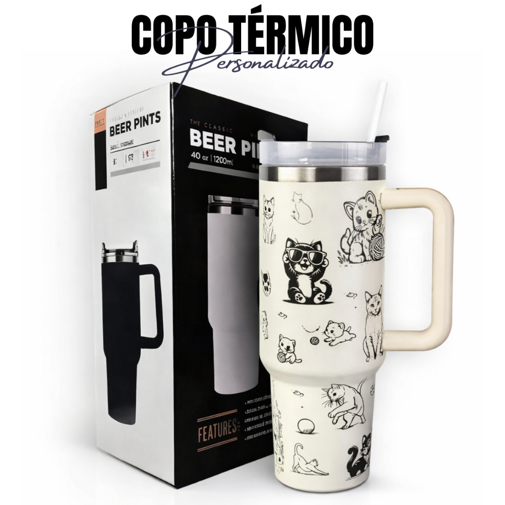 Copo Térmico 1200ml Off White Personalizado Gatos Gatinhos Gravação Laser 360 Graus